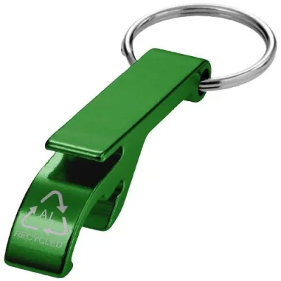 Ouvre-bouteille et canette Tao en aluminium recyclé certifié RCS avec porte-clés