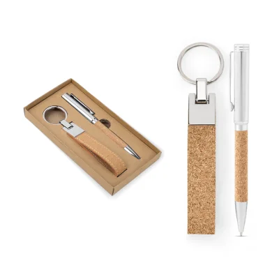 Evans – Set composé d'un stylo à bille et d'un porte-clés, tous deux en métal et en liège