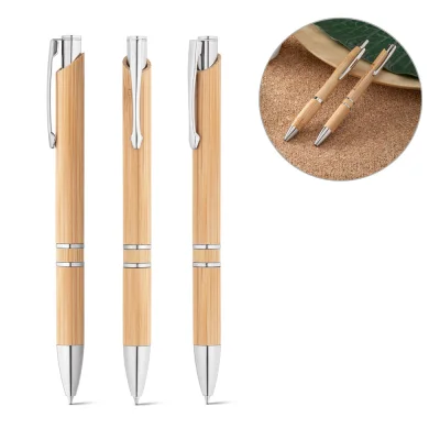 Beta Bamboo – Stylo à bille en bambou avec clip et attributs métalliques