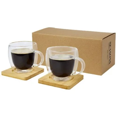 Tasse Manti 2 pièces en verre à double paroi de 250 ml avec sous-verre en bambou