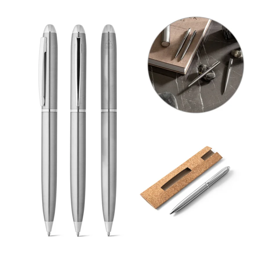 Chris – Stylo à bille avec corps en acier inoxydable (53% recyclé) avec clip