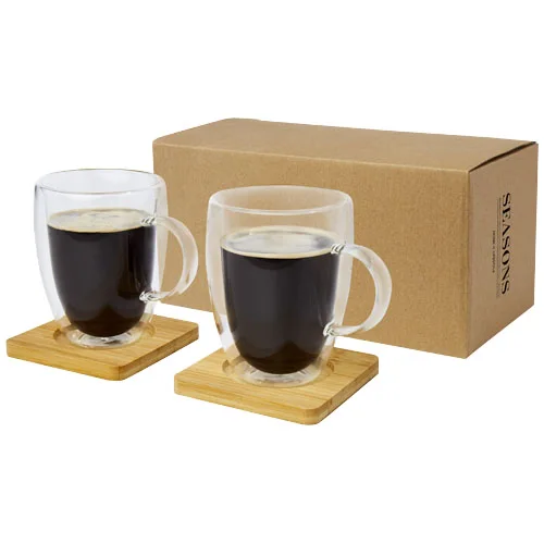 Tasse 2 pièces Manti de 350 ml à double paroi en verre avec sous-verre en bambou