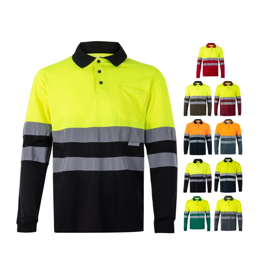 VL Vulcan – Polo bicolore (160g/m²) à manches longues, en polyester (100%)