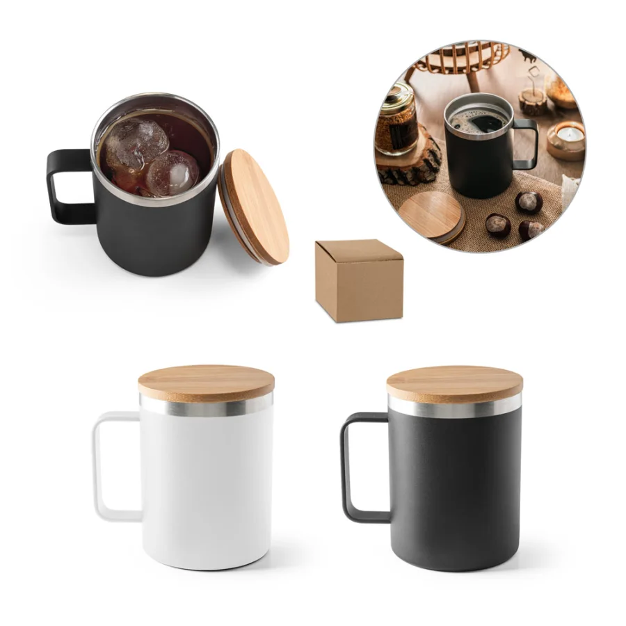 Lauda – Mug en acier inoxydable recyclé à 90% avec couvercle en bambou 420 mL