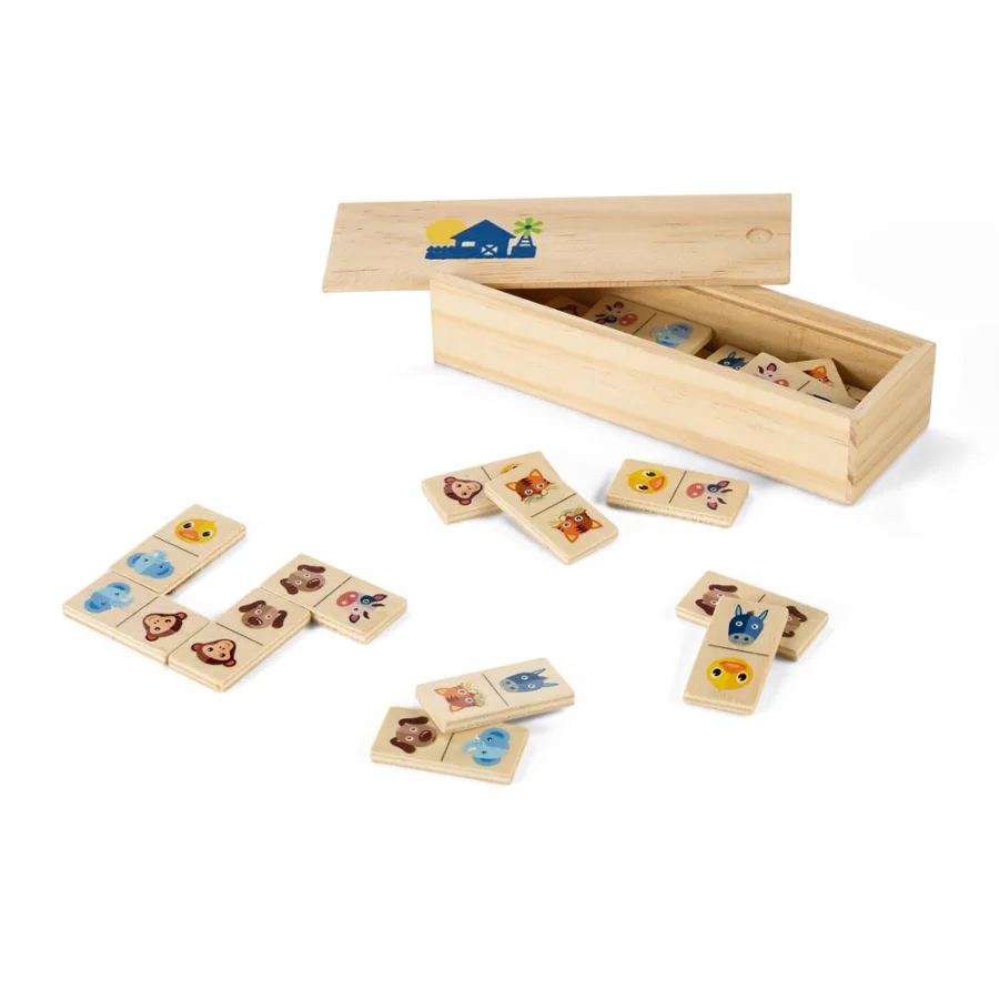 Domin – Jeu de dominos en bois pour enfants avec 28 des dessins d'animaux