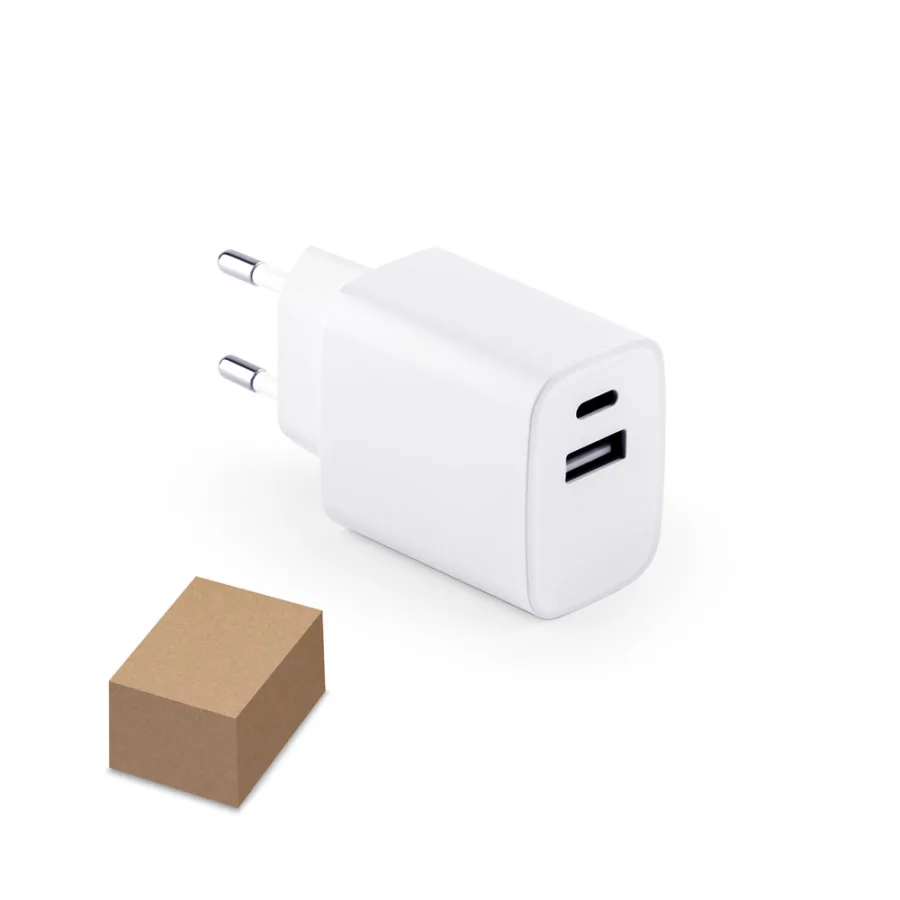 Wegener – Adaptateur secteur avec port USB-A 18W et USB-C 20W en ABS recyclé (100 % rABS)