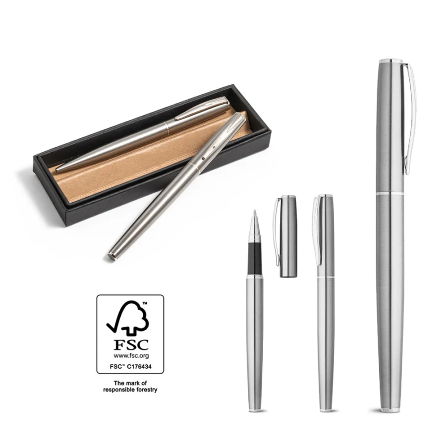 Ella – Set de stylos à bille et rollers avec corps avec clip en acier inoxydable (53% rSS)