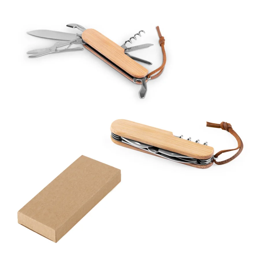 Ryker – Couteau de poche multifonctionnel en bambou et acier inoxydable avec manche en PU