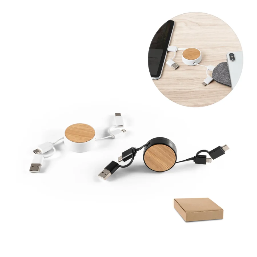 Rubins – Câble USB rétractable 6 en 1 en ABS recyclé (100 % rABS) et bambou